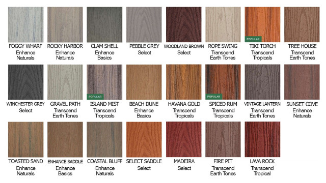 Trex composite decking color swatches across Enhance, Select, and Transcend lines