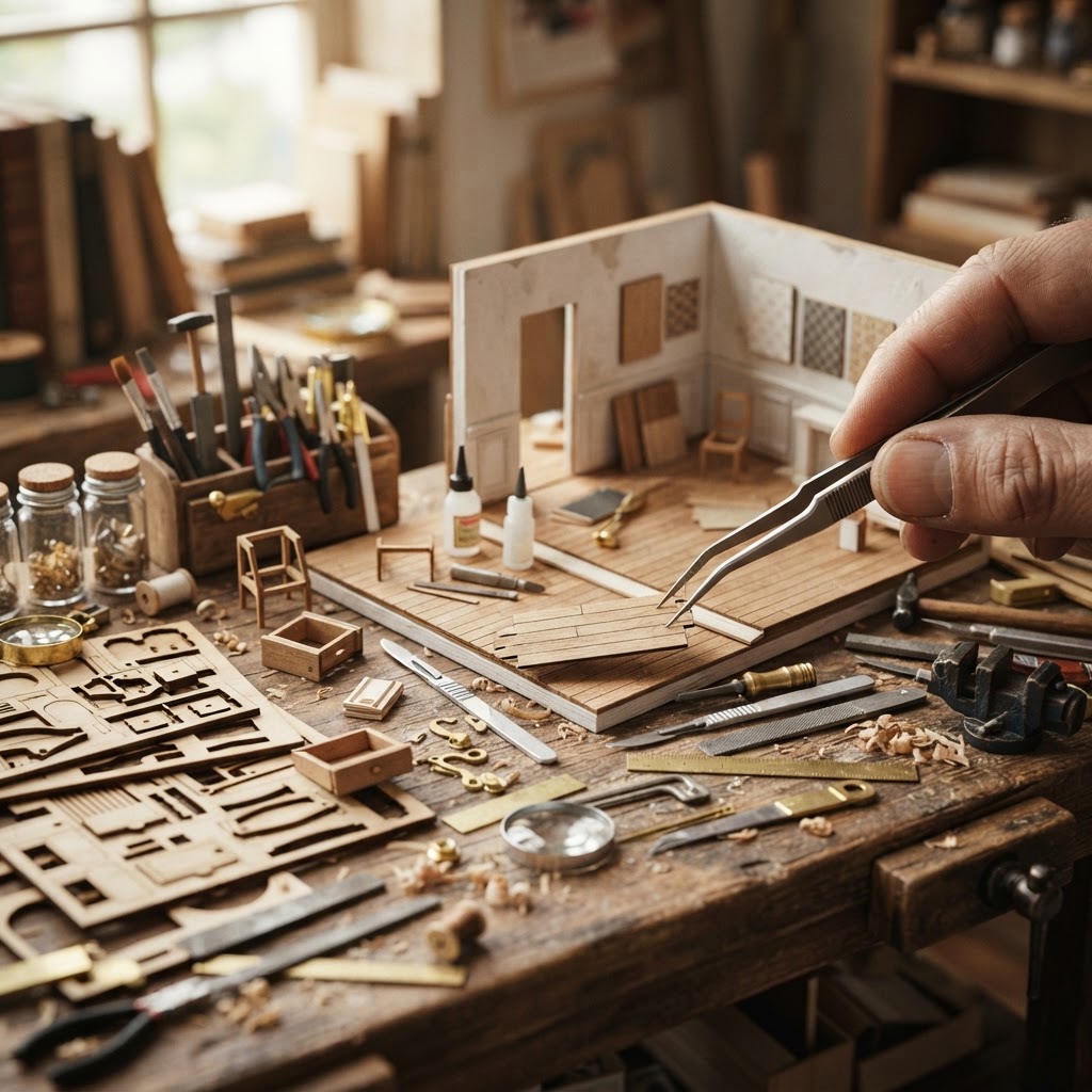 Macro close-up of handcrafted miniature room details