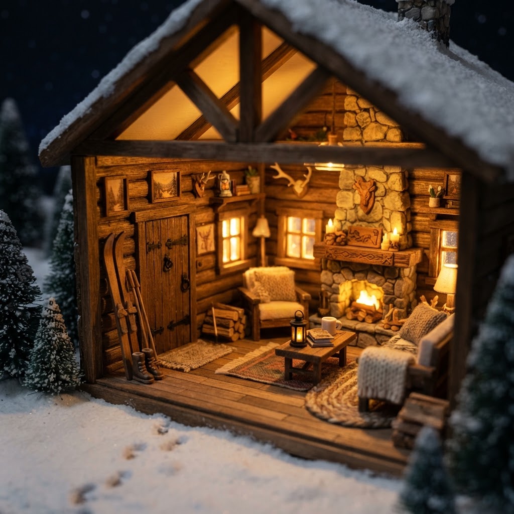 Handcrafted miniature Aspen ski lodge room glowing at night