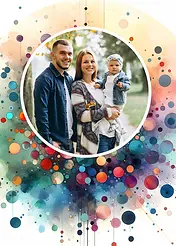 Playful Card by Biscuitmoon Designs - Whimsical design with colorful dots and swirls surrounding a solid black circle, perfect for framing a message or image