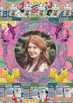 Personalised Colorful card by Crafty Bitch - Floral patterns, lucky cats, and central portrait