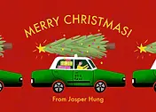Cheerful Christmas Card by  Erin Hung Studio - Featuring a green taxi with a Christmas tree on top, decorated with colorful ornaments, and the message "MERRY CHRISTMAS!" in bold letters against a red background.