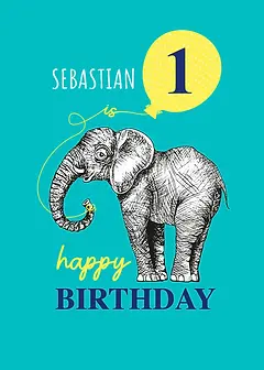 Playful Card by Little Sketch Studio -  illustration of an elephant next to a yellow balloon, with "is happy BIRTHDAY" in prominent blue text