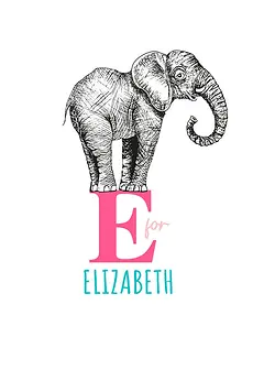 Playful Card by Little Sketch Studio -  Illustrates an adorable elephant on a prominent pink "E," with "for" in a whimsical font, situated on a crisp white backdrop