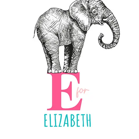 Playful Card by Little Sketch Studio -  Illustrates an adorable elephant on a prominent pink "E," with "for" in a whimsical font, situated on a crisp white backdrop