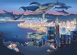 Captivating Card by DWD - Features a vibrant coastal city, where colorful fish and majestic whales hover in the sky, merging the realms of ocean and urban life in a fantastical way