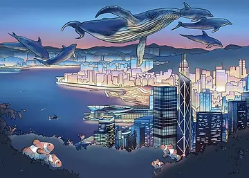 Captivating Card by DWD - Features a vibrant coastal city, where colorful fish and majestic whales hover in the sky, merging the realms of ocean and urban life in a fantastical way