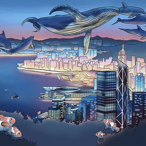 Captivating Card by DWD - Features a vibrant coastal city, where colorful fish and majestic whales hover in the sky, merging the realms of ocean and urban life in a fantastical way