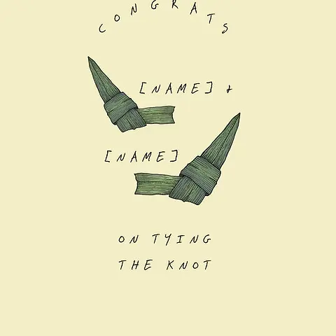 Editable Charming Card by Food For The Soul - illustration featuring tied pandan leaves with the text "CONGRATS ON TYING THE KNOT" on a soft yellow background