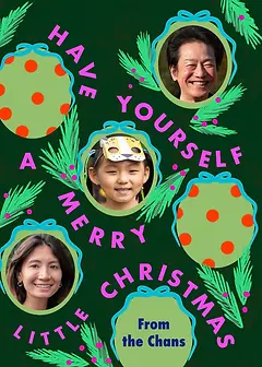 Cheerful Christmas Card by Erin Hung Studio - Featuring various circular frames decorated with festive motifs, highlighted by the joyful message "HAVE YOURSELF A MERRY LITTLE CHRISTMAS" in bright pink against a contrasting deep greenbackdrop