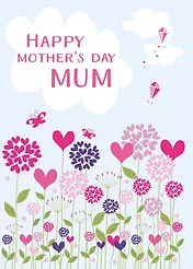  PlayfulCard by Biscuitmoon Designs -  illustration of flowers, hearts, and kites, with the phrase "Happy Mother's Day" prominently displayed 