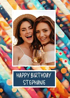 Whimsical Card by Biscuitmoon Designs - Swirl of colorful brushstrokes surrounding a clean white frame and a deep blue text area at the bottom