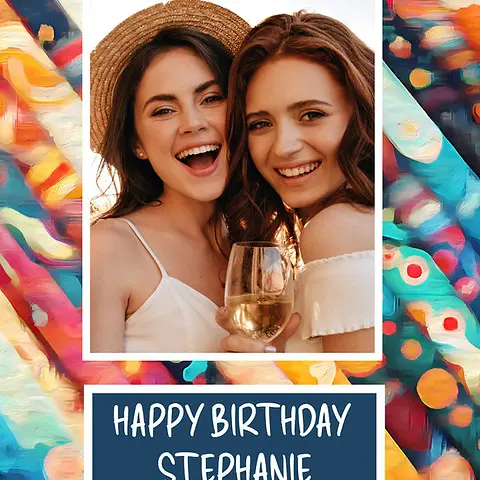 Whimsical Card by Biscuitmoon Designs - Swirl of colorful brushstrokes surrounding a clean white frame and a deep blue text area at the bottom
