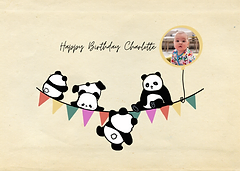 Panda bunting birthday card featuring cute pandas on colorful flags with a yellow balloon, by Artist Aarti.