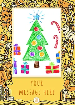 Child's drawing of a decorated Christmas tree with gifts by Discovery Bay International School, framed in holiday doodles.