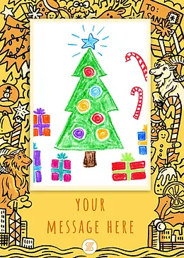 Child's drawing of a decorated Christmas tree with gifts by Discovery Bay International School, framed in holiday doodles.