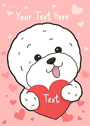 Playful Card by Pawsome Island - A happy, round-faced dog with big eyes presents a heart, with floating hearts around it, creating an adorable and loving scene
