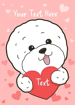 Playful Card by Pawsome Island - A happy, round-faced dog with big eyes presents a heart, with floating hearts around it, creating an adorable and loving scene