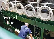 Customisable  Nostalgia Card by ViewThroughJen'sLens - A close-up of a ferry's deck showing a man working near green-painted railings, with multiple lifebuoys prominently displayed in the background