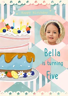 Personalisable Cheerful Card by Esther Illustration - Featuring a two-tiered birthday cake adorned with fruits and flowers, set against a pastel geometric background, with the text "Happy Birthday"