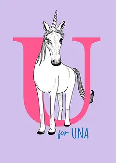 Playful Card by Little Sketch Studio -  illustration of a unicorn beside a large pink "U," with "for" in a vibrant blue color, all against a calming lavender background