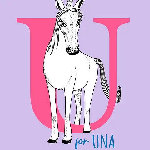Playful Card by Little Sketch Studio -  illustration of a unicorn beside a large pink "U," with "for" in a vibrant blue color, all against a calming lavender background
