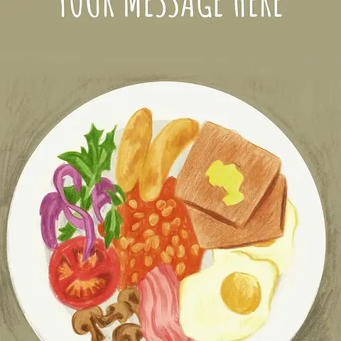Vibrant Card by Suison Ma - illustration of a breakfast meal, showcasing eggs, bacon, baked beans, mushrooms, and fresh vegetables on a plat
