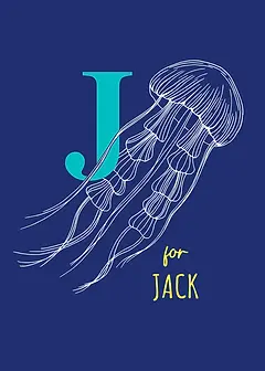 Playful Card by Little Sketch Studio - Illustrates an elegant jellyfish alongside a prominent turquoise "J," featuring "for" in a playful font, situated on a striking navy backdrop