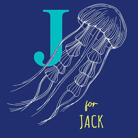 Playful Card by Little Sketch Studio - Illustrates an elegant jellyfish alongside a prominent turquoise "J," featuring "for" in a playful font, situated on a striking navy backdrop
