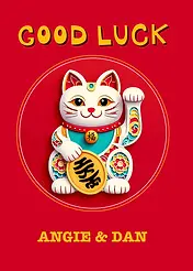 Cheerful Card by Biscuitmoon Designs - Traditional good luck cat figurine with intricate details, alongside the text 'GOOD LUCK' on a vibrant red background