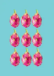 Patterned card by Crafty Bitch -  Grid of dragon fruits on a bright blue background