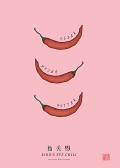 Playful Card by Food For The Soul - illustration featuring three bird's eye chilies with the words "OLDER," "WISER," and "HOTTER" arranged vertically on a pink background
