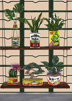 Charming Card by DWD - illustration showing a collection of plants in creatively repurposed containers, set against a simple backdrop, emphasizing the blend of nature and art