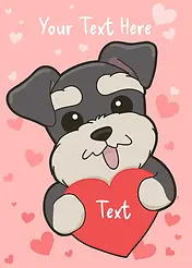 Playful Card by Pawsome Island - A cute schnauzer with a gray and white coat holds a red heart in its paws, surrounded by pink hearts on a soft pink background