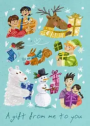 From Me to You blue Christmas card by Box of Hope featuring whimsical illustrations of people, animals, and gifts.