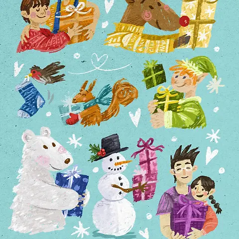 From Me to You blue Christmas card by Box of Hope featuring whimsical illustrations of people, animals, and gifts.