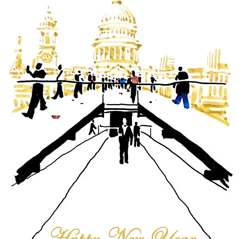 Joyful Card by Sketcher Sid - illustration of a large, illuminated Christmas tree surrounded by people relaxing and enjoying the holiday spirit, with the phrase "Merry Christmas" 