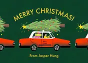 Cheerful Christmas Card by Erin Hung Studio - Showcasing a red taxi with a decorated Christmas tree, along with the cheerful greeting "MERRY CHRISTMAS!" against a dark green background.