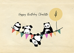 Panda Bunting Birthday card by Artist Aarti featuring cute illustrated pandas playing on colorful party flags with a balloon.