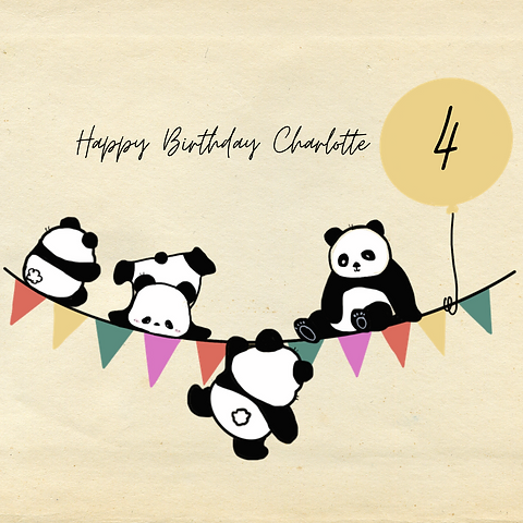 Panda Bunting Birthday card by Artist Aarti featuring cute illustrated pandas playing on colorful party flags with a balloon.