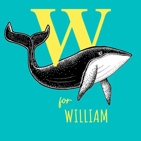 Playful Card by Little Sketch Studio -  illustration of a whale next to a large yellow letter "W," with "for" in white, all against a bright turquoise background