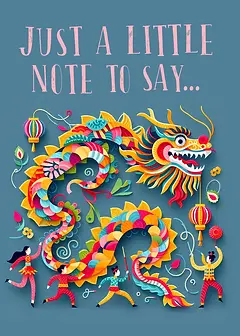 Playful Card by Biscuitmoon Designs - A lively scene depicting a dragon and festive characters, highlighted by the text "Just a little note to say..." against a calming blue backdrop