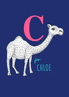 Playful Card by Little Sketch Studio - Illustrates an eye-catching camel near a prominent pink "C," with "for" in a playful font, situated on a dark blue backdrop