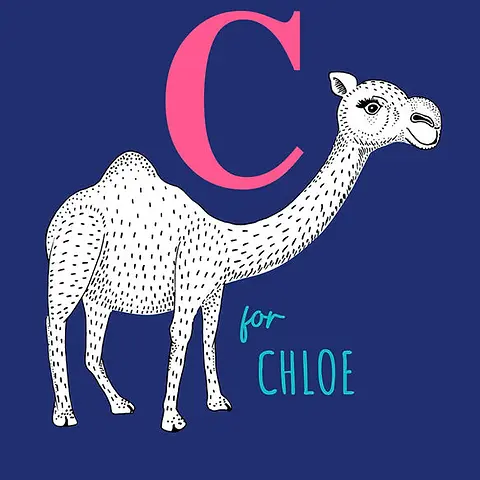 Playful Card by Little Sketch Studio - Illustrates an eye-catching camel near a prominent pink "C," with "for" in a playful font, situated on a dark blue backdrop