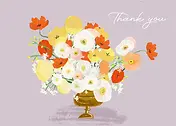 Cheerful Card by Esther Illustration - illustration of a diverse assortment of flowers in a golden vase on a light purple background, accompanied by the words "Thank you"
