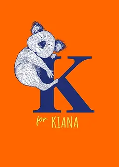 Playful Card by Little Sketch Studio -Illustrates an adorable koala next to a prominent navy "K," situated on a striking orange backdrop