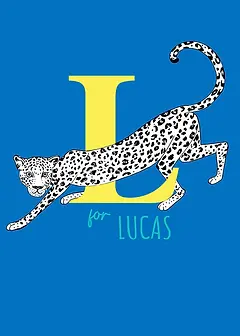 Playful Card by Little Sketch Studio - Illustrates a prominent yellow "L" with a running leopard graphic and , presented against a rich blue backdrop.