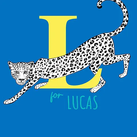 Playful Card by Little Sketch Studio - Illustrates a prominent yellow "L" with a running leopard graphic and , presented against a rich blue backdrop.