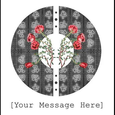 Customisable Artistic Card by Katie Lee Studios - Depicts a circle divided by intricate patterns, with bright red flowers emerging from the center, creating a visually engaging composition