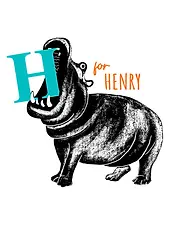 Playful Card by Little Sketch Studio -  illustration of a roaring hippo next to a bold turquoise letter "H," with "for" in orange, all against a bright white background